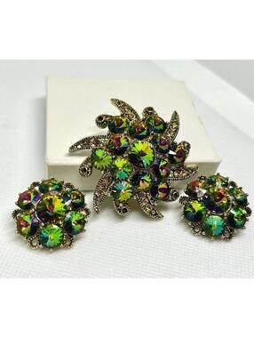 Vintage Aurora Borealis Rhinestone Brooch Earring Set Gold Sunburst
